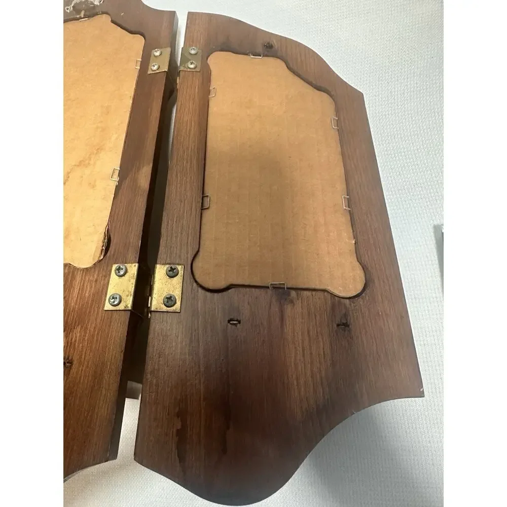 Vintage MCM Tri-fold Handcrafted Wooden Wall Sconce Mirror Candle Holders